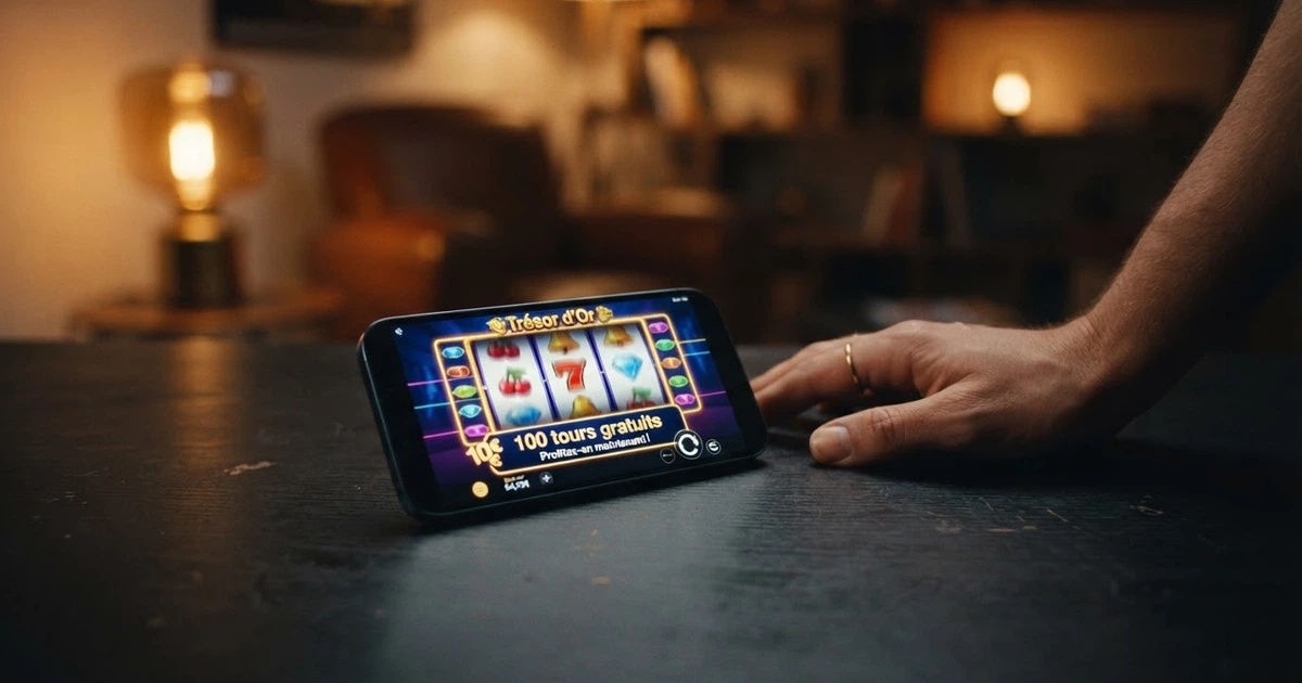Une capture d'écran montrant une offre de free spins sur l'interface d'un casino en ligne, avec le nombre de tours gratuits, les conditions de mise et le jeu éligible visibles à l'écran