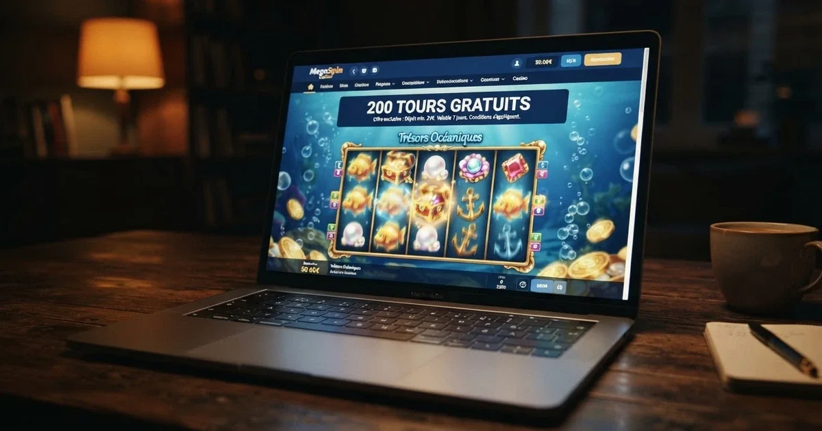 Capture d'écran d'une page d'accueil de casino en ligne affichant une offre de 200 free spins avec les conditions en petits caractères