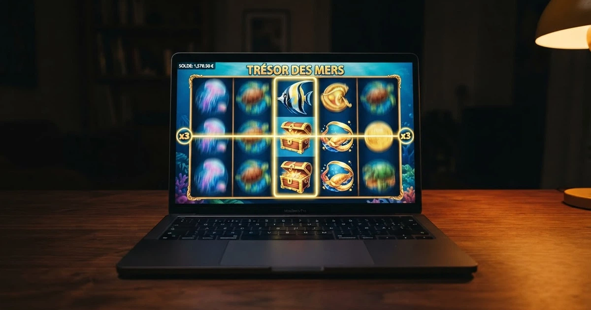 Une machine à sous en ligne affichant « 100 tours gratuits sans dépôt » sur l'écran d'un ordinateur portable, l'interface de casino visible en arrière-plan