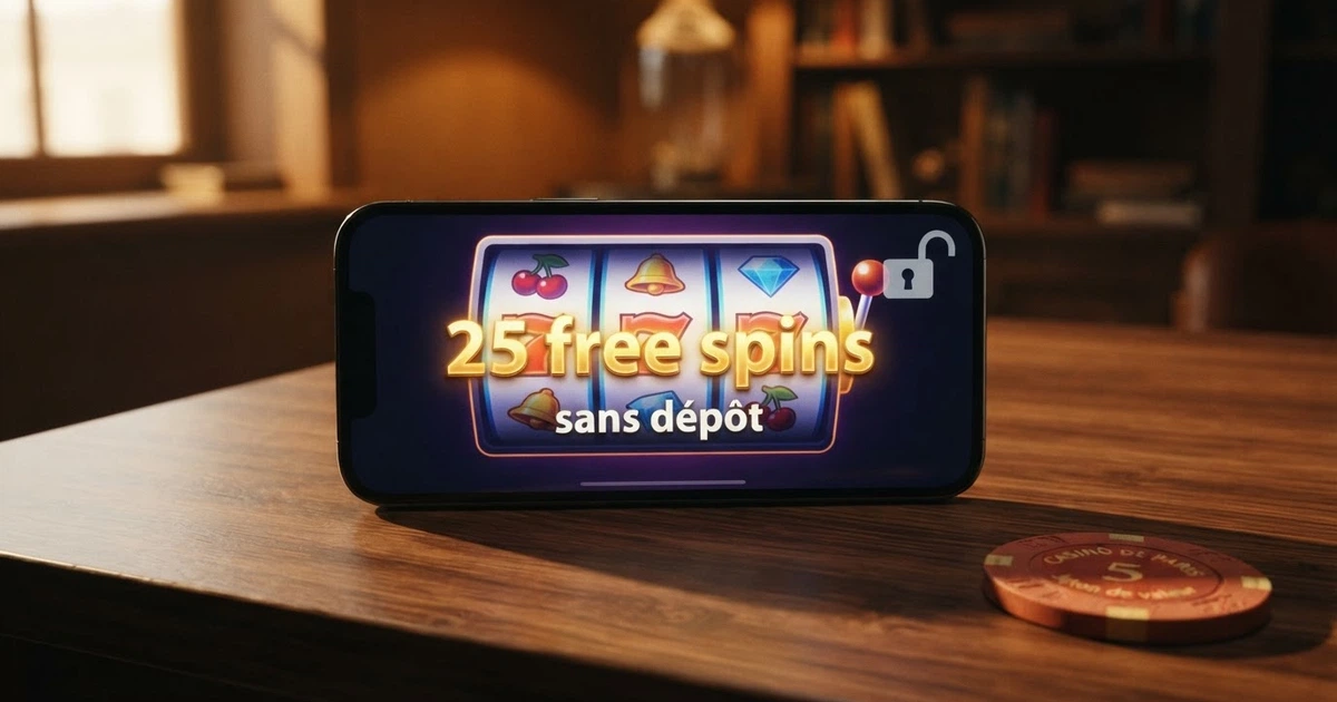 Écran de smartphone affichant une machine à sous en ligne avec la mention « 25 free spins » et un cadenas ouvert superposé au texte « sans dépôt »