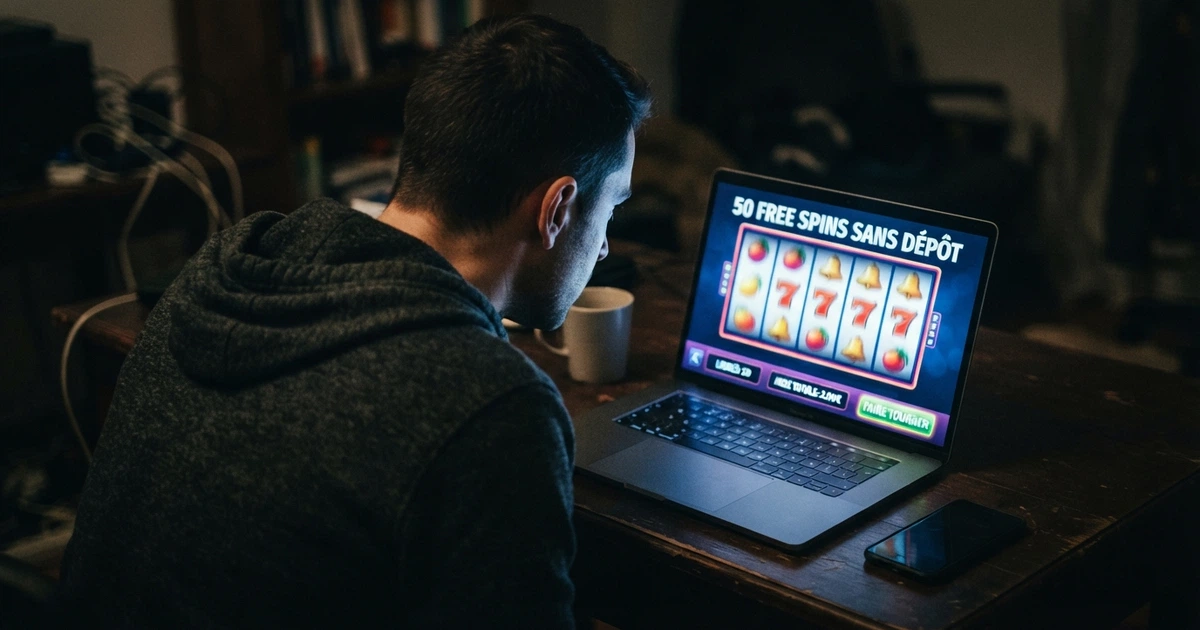 Un joueur consultant une offre de 50 free spins sans dépôt sur l'écran de son ordinateur, l'air interrogateur