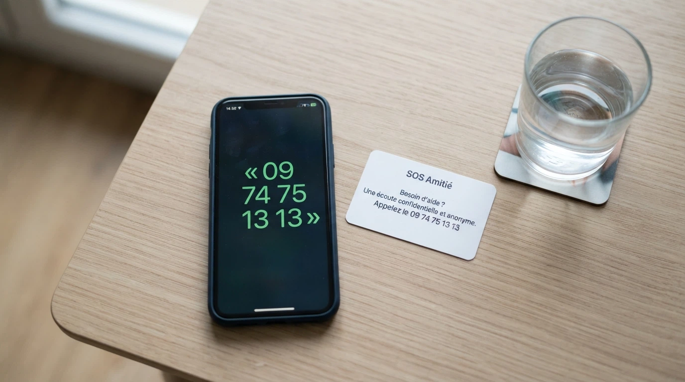 Un téléphone portable posé sur une table, l'écran affichant un numéro vert, à côté d'un verre d'eau et d'une carte discrète au logo « Joueurs Info Service ».