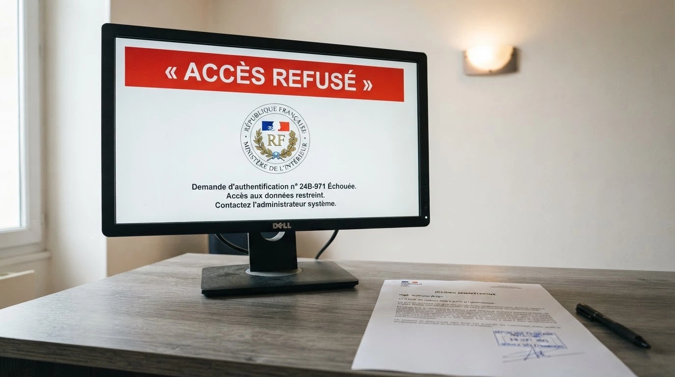Écran d'ordinateur affichant un message de restriction administrative et le logo de l'ANJ, avec un décret officiel en arrière-plan
