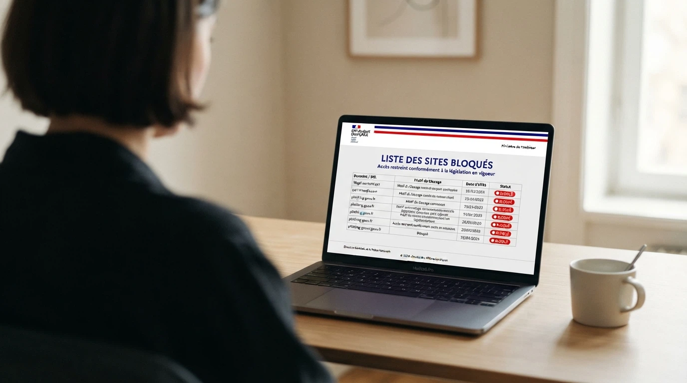 Capture d'écran de la page officielle de l'ANJ listant les sites de jeux d'argent bloqués en France