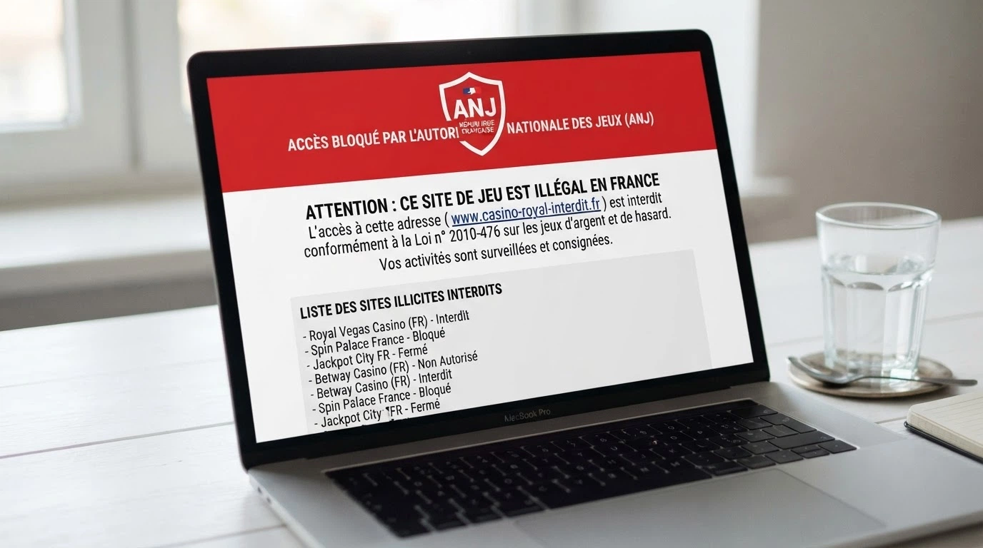 Capture d'écran du site anj.fr affichant un avis de blocage et la liste noire des sites de jeux illégaux