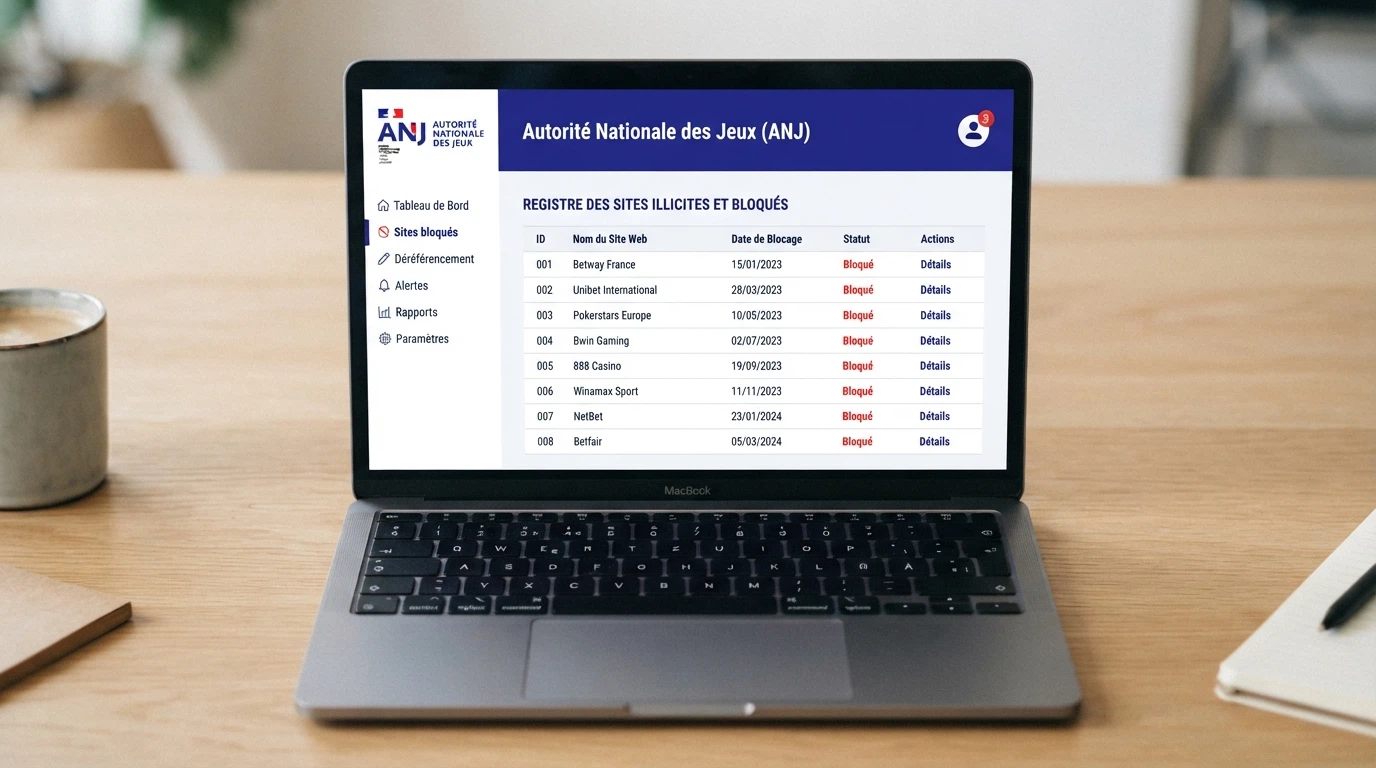 Capture d'écran du site officiel de l'ANJ affichant la liste des sites de jeux d'argent bloqués et déréférencés en France