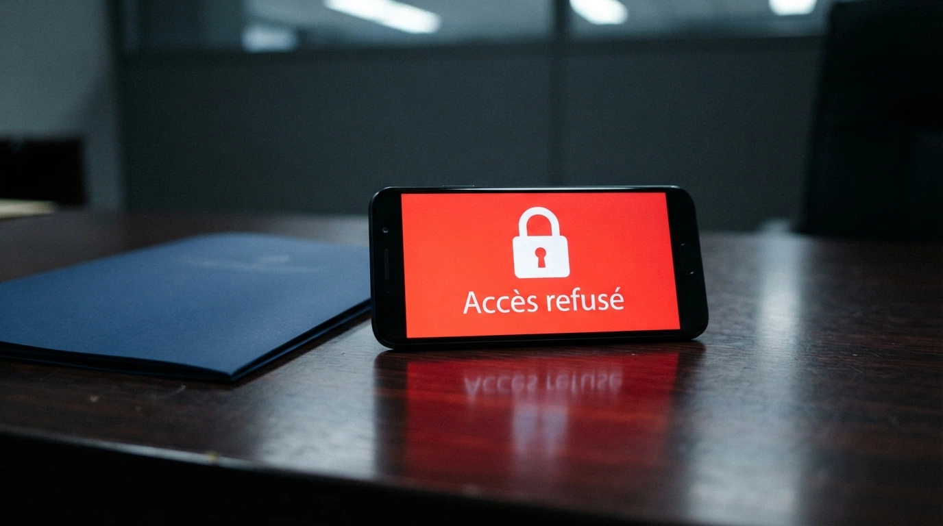 Un document officiel marqué du logo ANJ posé à côté d'un smartphone dont l'écran affiche un message de blocage