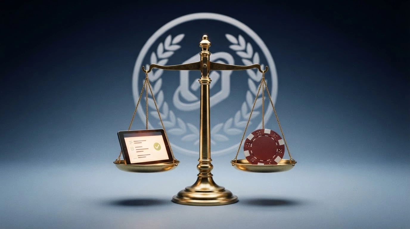 Le logo de l'ANJ sur fond bleu, accompagné d'un extrait visuel du registre des opérateurs agréés et d'une balance de justice stylisée