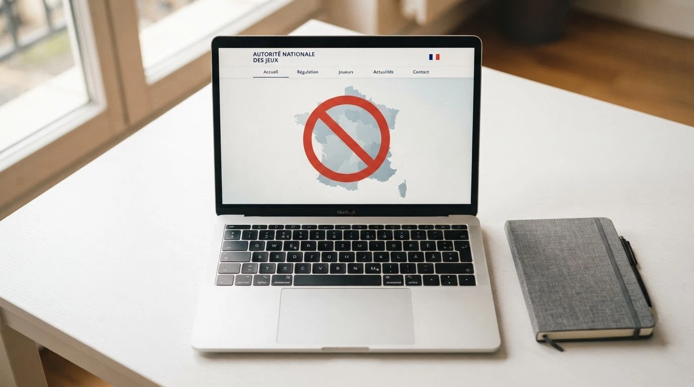 Le logo de l'Autorité nationale des jeux sur un écran à côté d'une carte de la France marquée d'une icône d'interdiction