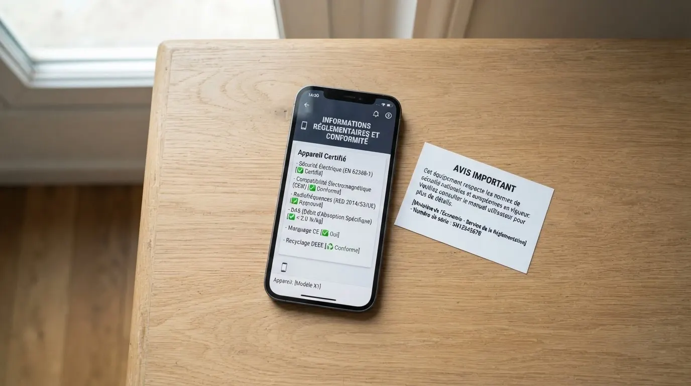 Smartphone Android affichant la page d'accueil du site de l'ANJ avec le registre des opérateurs agréés, posé sur un bureau à côté d'une carte d'identité française