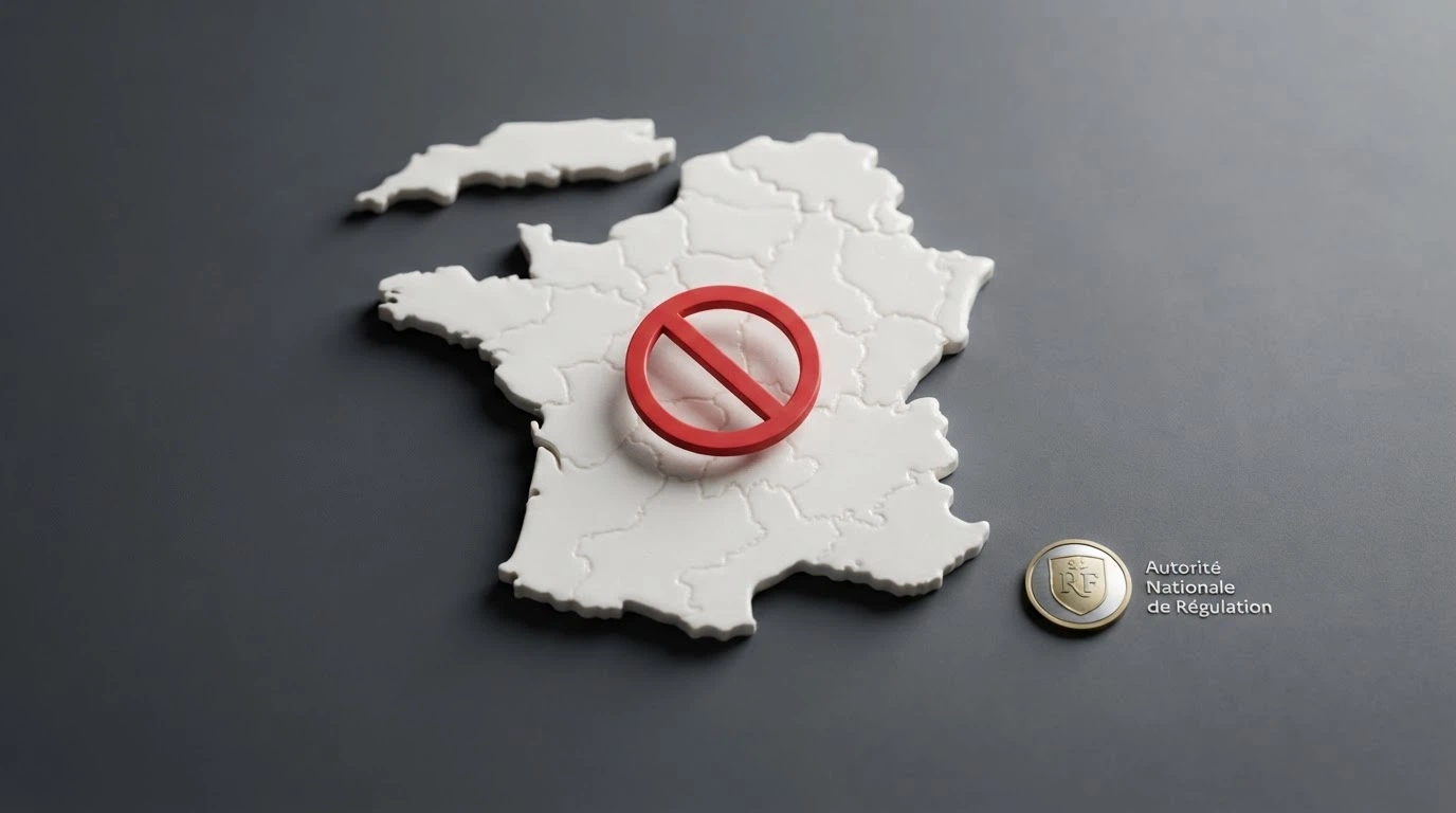 Une carte de la France avec une icône de casino barrée et le logo de l'ANJ à côté, symbolisant l'interdiction du casino en ligne sur le territoire