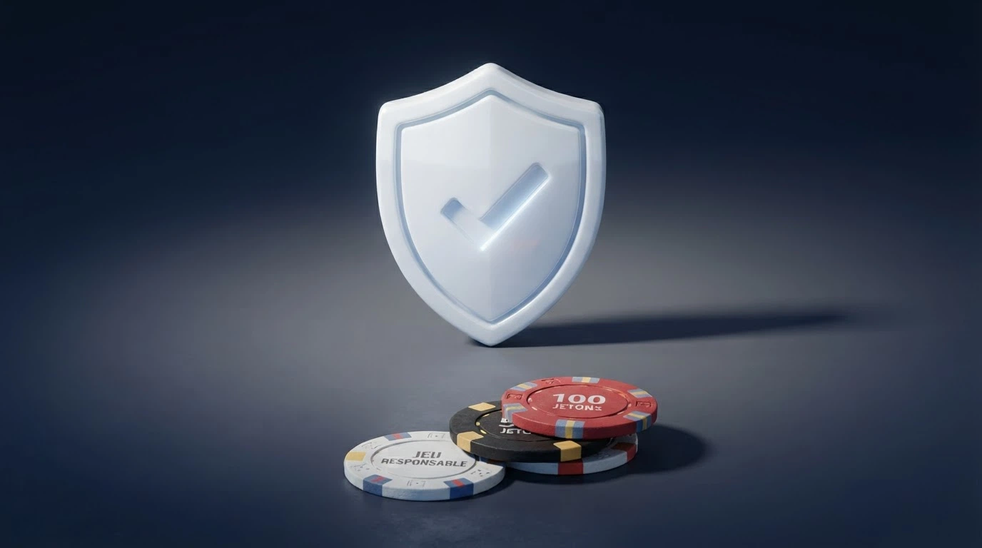 Le logo de l'ANJ sur fond de texte réglementaire, avec une pile de jetons de casino posée en contraste