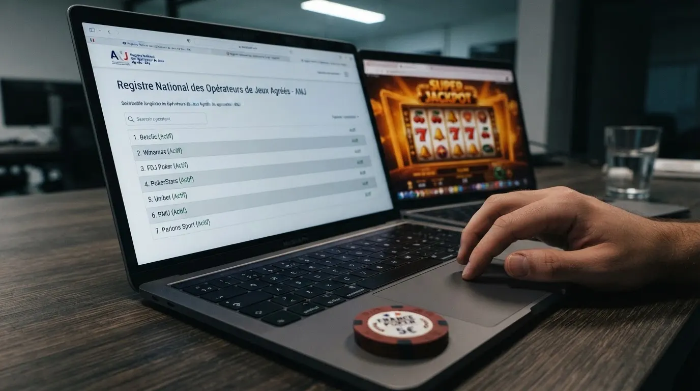 Logo de l'Autorité nationale des jeux (ANJ) accompagné de la mention « opérateurs agréés » et d'un encadré signalant l'absence d'agrément pour les jeux de casino en ligne