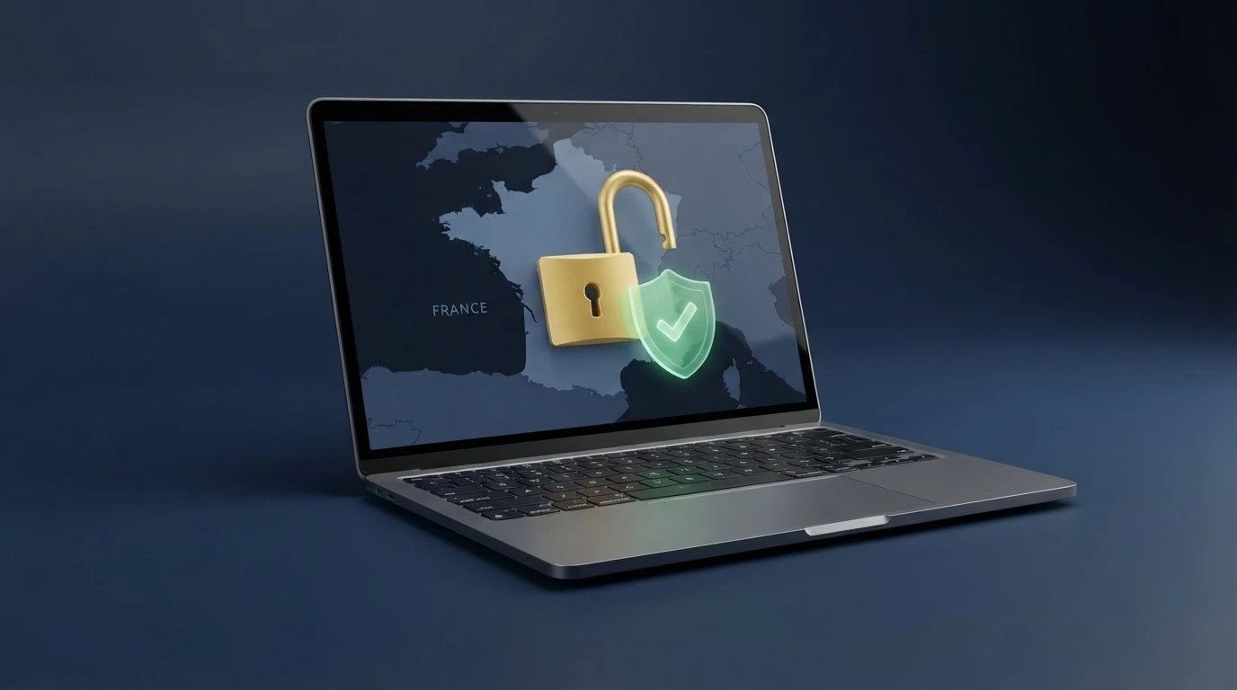 Le logo de l'ANJ sur un écran, superposé à une carte de France et un cadenas ouvert