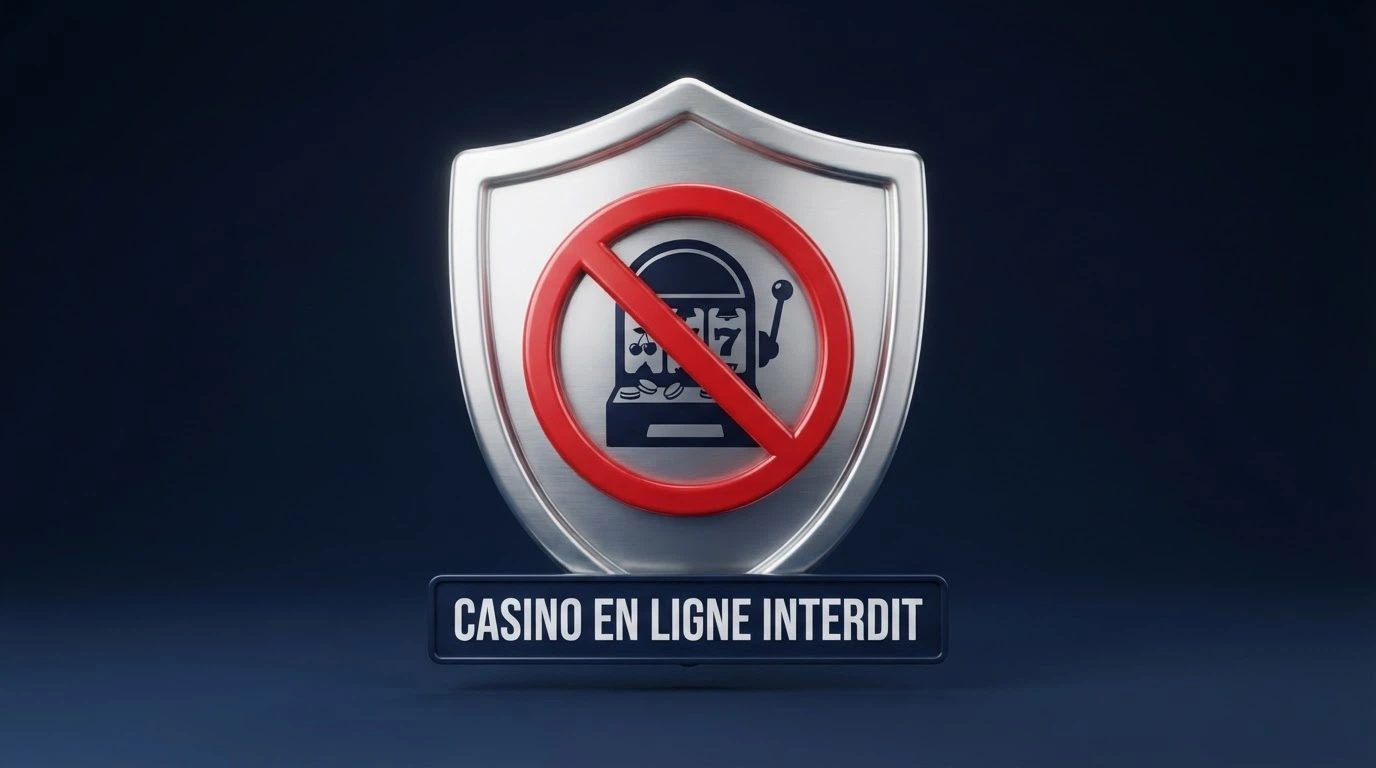 Logo de l'Autorité nationale des jeux sur fond bleu marine, à côté d'un tampon rouge « casino en ligne interdit »