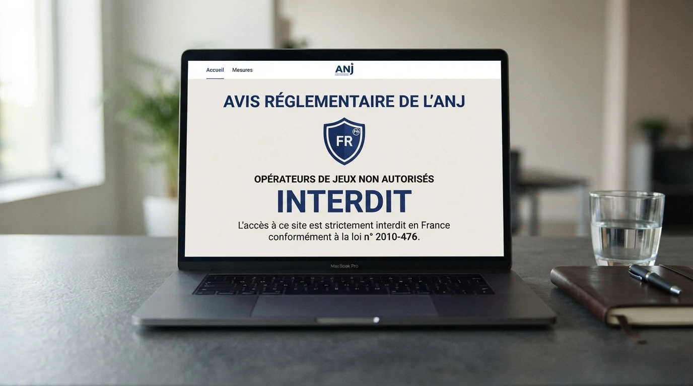 Page d'accueil du site anj.fr affichée sur un écran, avec le bandeau officiel de l'Autorité nationale des jeux, régulateur français des jeux d'argent et de hasard