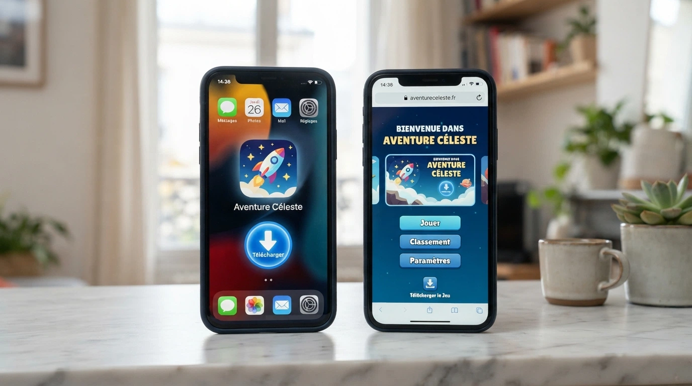 Deux smartphones côte à côte — l'un montre une icône d'application casino avec un badge de téléchargement, l'autre affiche le même casino dans un navigateur mobile