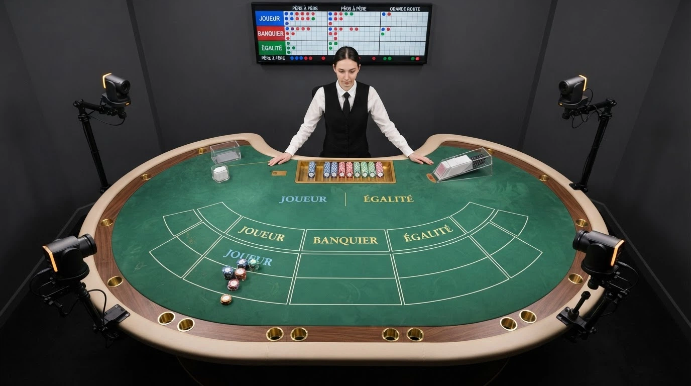 Un studio de casino live avec une table de baccarat vue de dessus, montrant les angles multi-caméras et l'interface de mise à l'écran