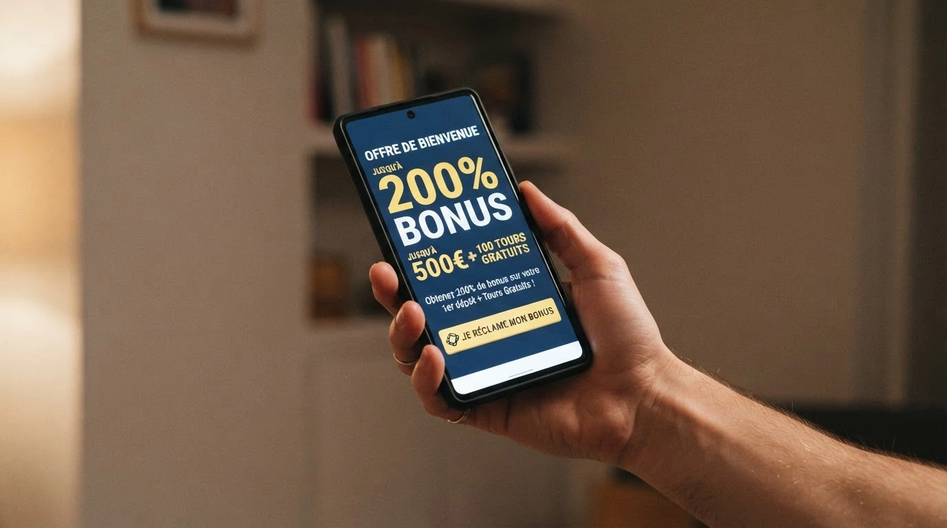 Bannière de bonus de bienvenue sur un casino en ligne, affichant un pourcentage et un montant maximum en euros