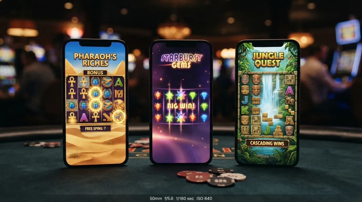 Les trois écrans de jeu de Book of Dead, Starburst et Gonzo's Quest affichés côte à côte, avec leurs rouleaux, symboles et lignes de paiement visibles