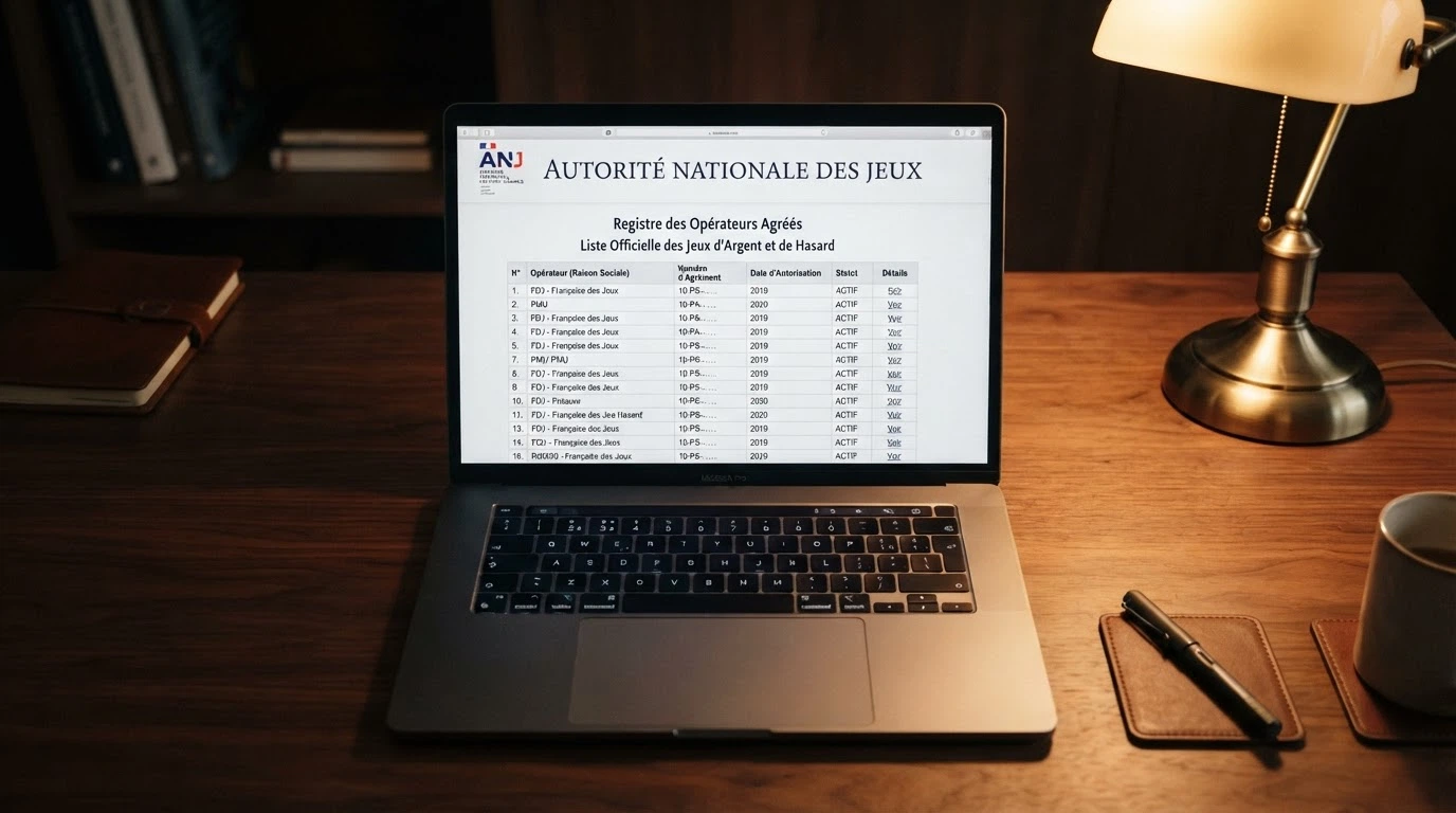 Capture du registre officiel de l'ANJ listant les opérateurs de jeux en ligne agréés en France, avec le logo de l'Autorité nationale des jeux