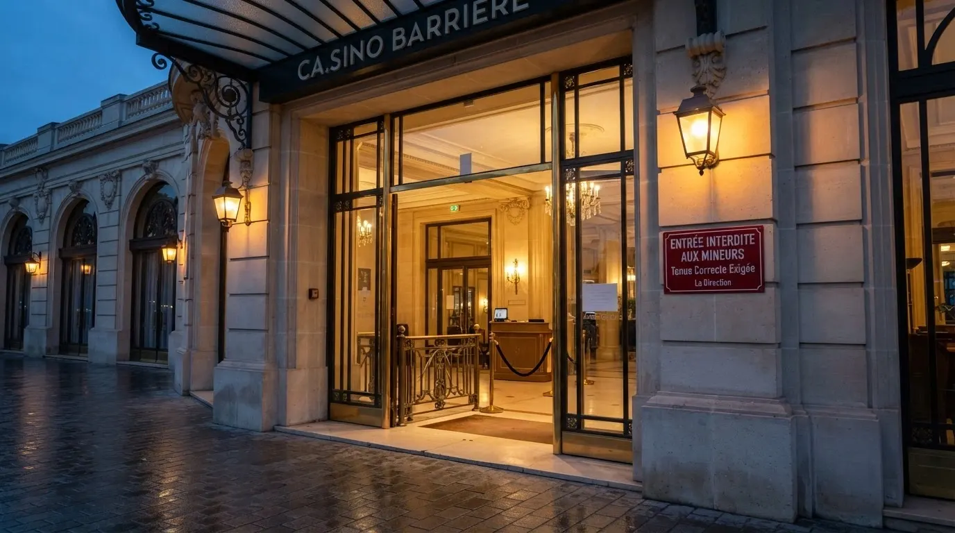 L'entrée d'un casino français avec le portillon de contrôle, un panonceau réglementaire visible rappelant l'interdiction aux mineurs