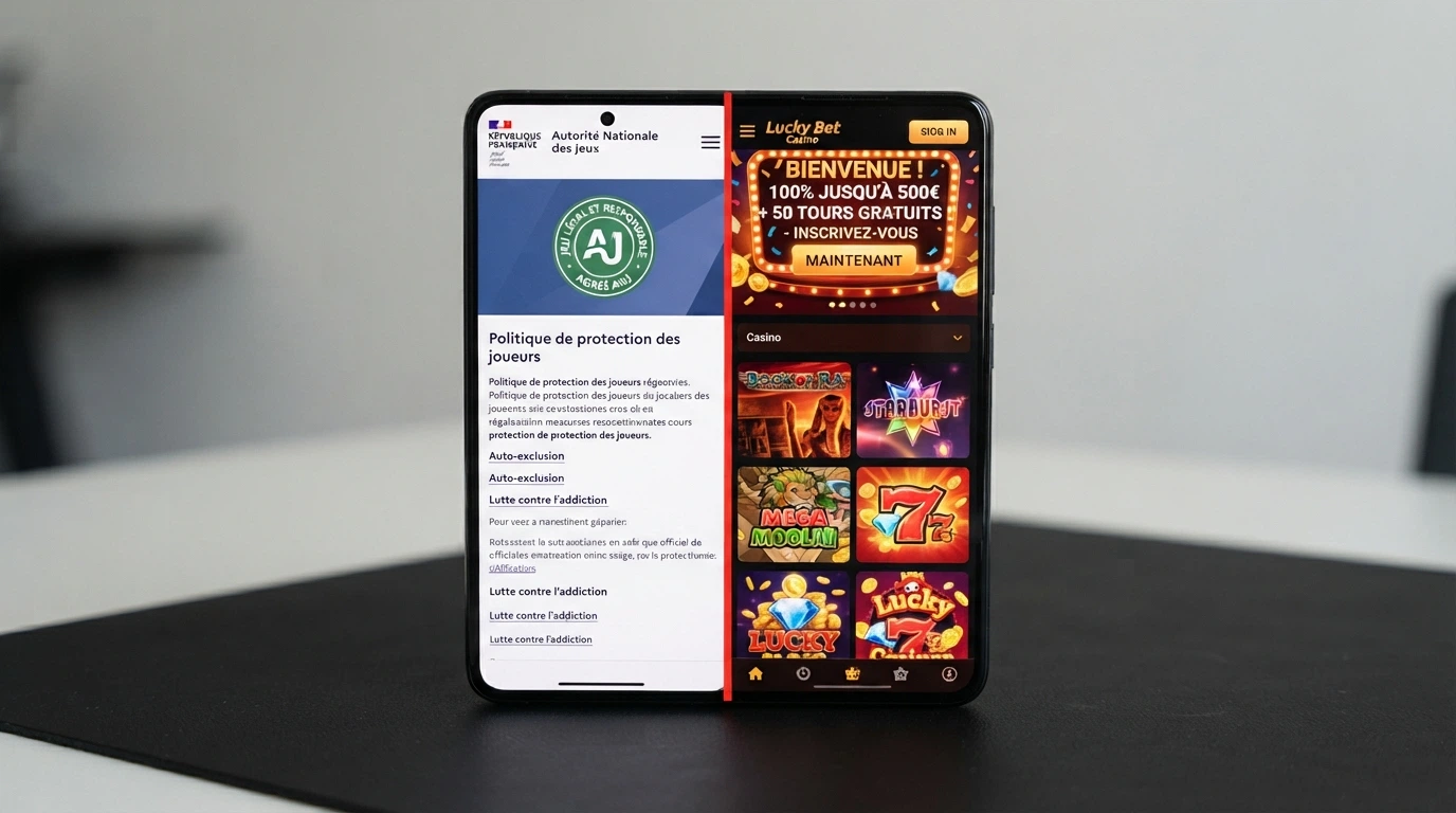 Un écran de smartphone divisé en deux : à gauche, le site officiel anj.fr avec le bandeau « agrément » ; à droite, la page d'accueil d'un casino offshore générique, les deux séparés par une ligne rouge symbolisant la frontière réglementaire