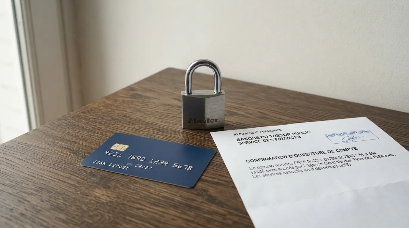 Une carte Visa posée à côté d'un document officiel frappé du logo de l'ANJ, un cadenas de sécurité apparaît en filigrane