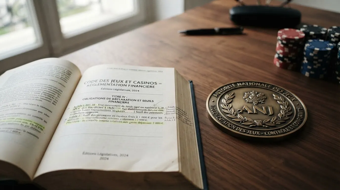 Un extrait du Code monétaire et financier français posé sur un bureau à côté d'un écusson de l'ANJ, des billets en arrière-plan flouté