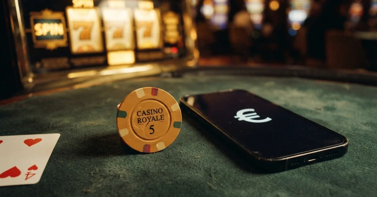 Un jeton de cryptomonnaie Cardano (ADA) posé sur une table de casino virtuelle, avec des icônes de machines à sous et de cartes en arrière-plan