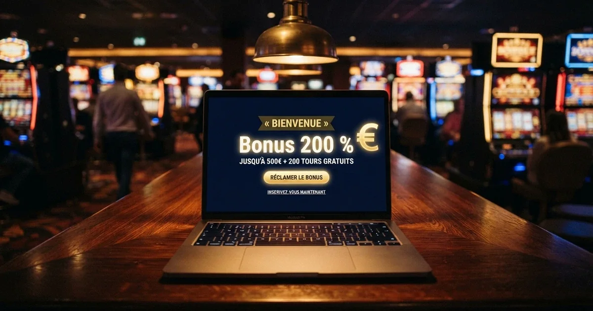 Interface de casino en ligne affichant une offre de bonus de bienvenue à 200 % sur un fond de machines à sous lumineuses