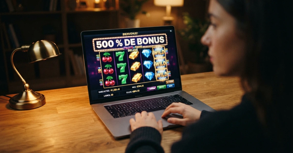 Interface de casino en ligne affichant une bannière de bonus de bienvenue à 500 % au-dessus d'une grille de machines à sous