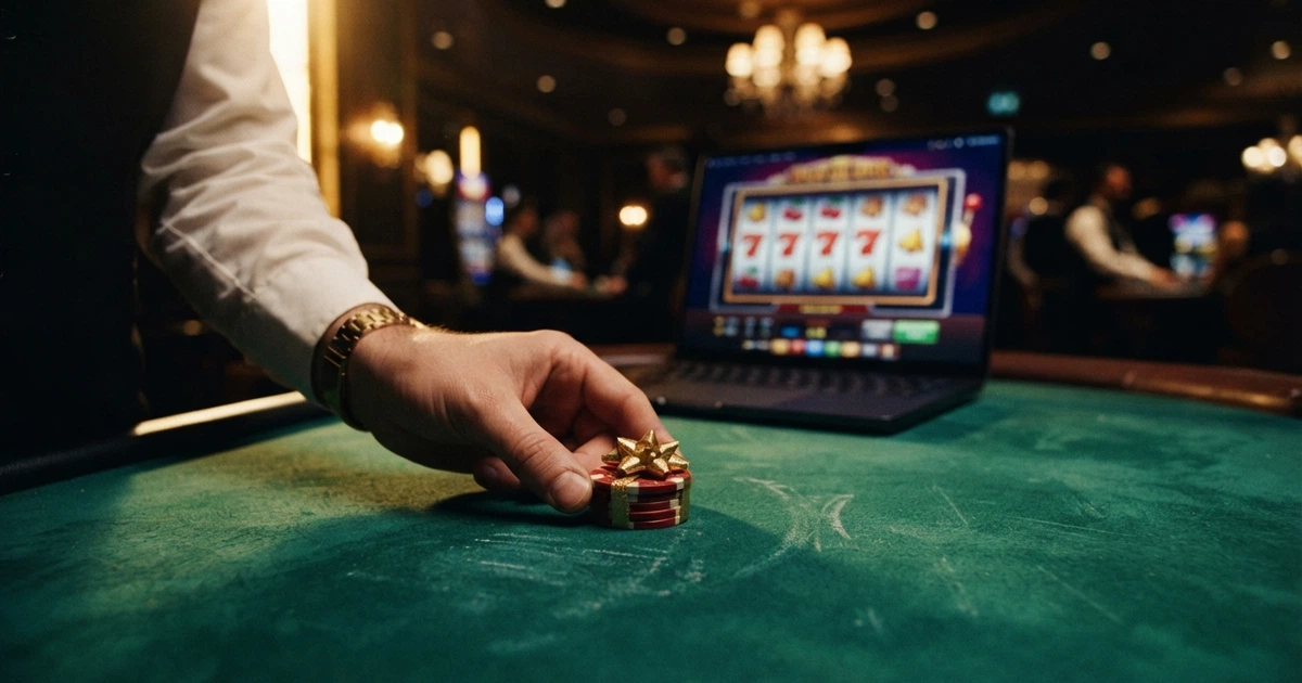 Un croupier tend un jeton-cadeau orné d'un ruban sur un tapis de casino en ligne, écran d'ordinateur en arrière-plan