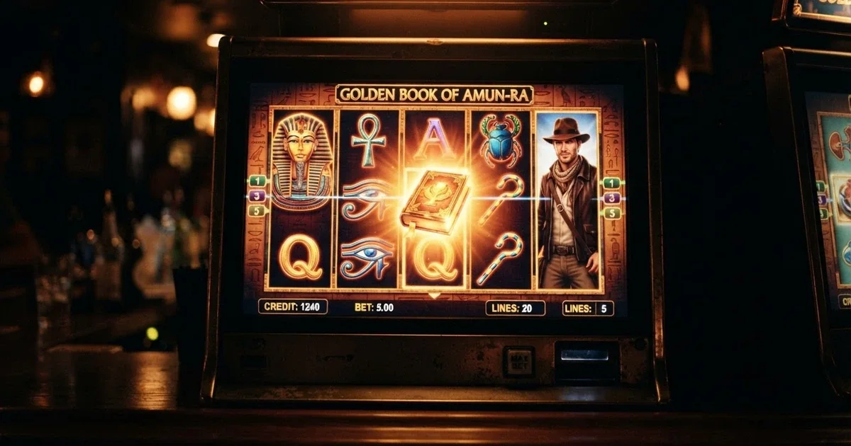 Machine à sous Book of Dead de Play'n GO affichée sur un écran, cinq rouleaux aux symboles égyptiens, le personnage de Rich Wilde en tenue d'aventurier et le livre doré faisant office de scatter et de wild