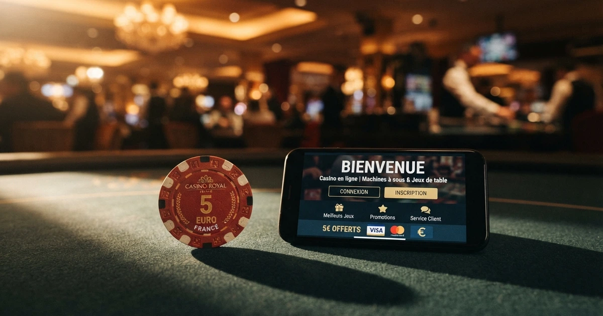 Une pile de pièces de 5 euros posée à côté d'un écran de smartphone affichant une page d'accueil de casino en ligne.