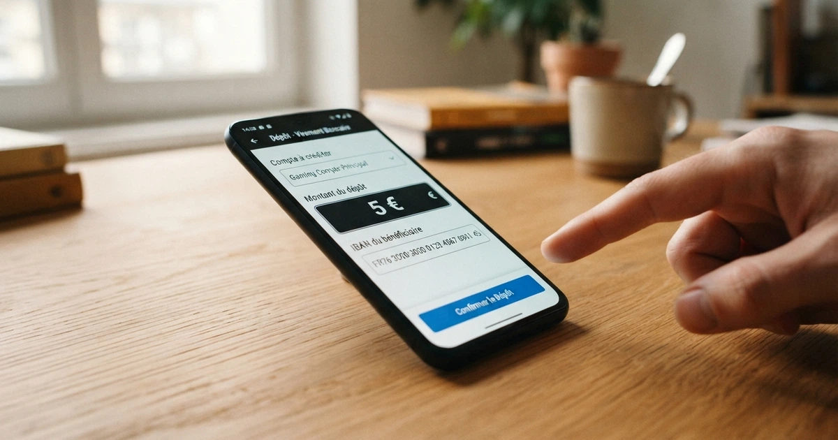Interface de dépôt par virement bancaire SEPA sur un site de jeux en ligne agréé ANJ, avec le formulaire IBAN et le montant du dépôt affiché à l'écran