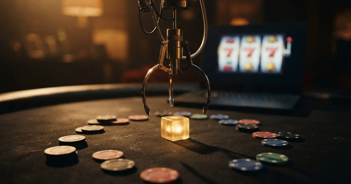 Une griffe de machine à attraper numérique en gros plan, saisissant un symbole de bonus au-dessus d'une interface de casino en ligne