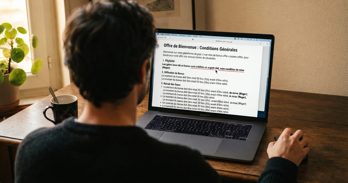 Un joueur consulte les conditions d'un bonus sur l'écran d'un casino en ligne, le curseur pointant la ligne « sans condition de mise »