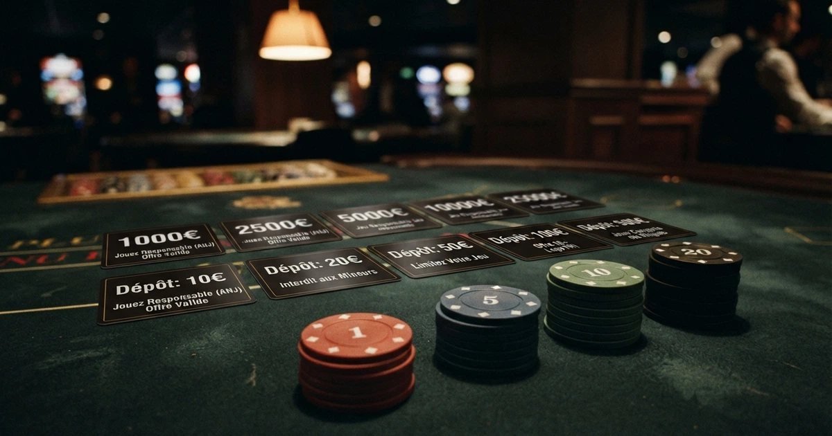 Dix cartes d'opérateurs disposées sur une table de jeu, certaines portant le logo ANJ, d'autres une mention casino, avec des jetons de 1, 5, 10 et 20 euros alignés devant elles.
