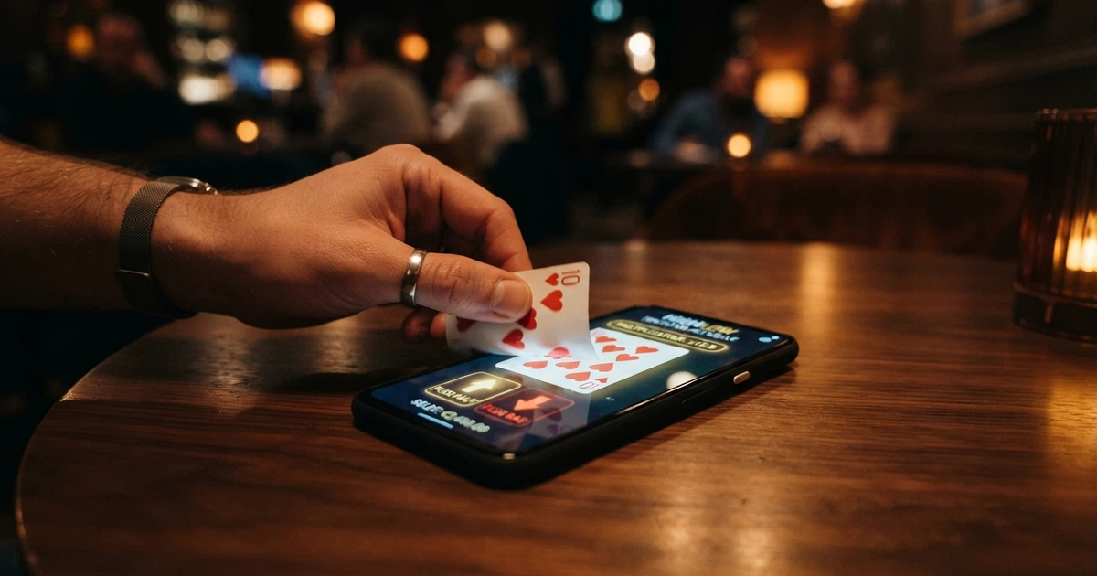 Une main de joueur retournant une carte à jouer sur une interface de jeu Hi-Lo en ligne, avec le multiplicateur affiché à l'écran