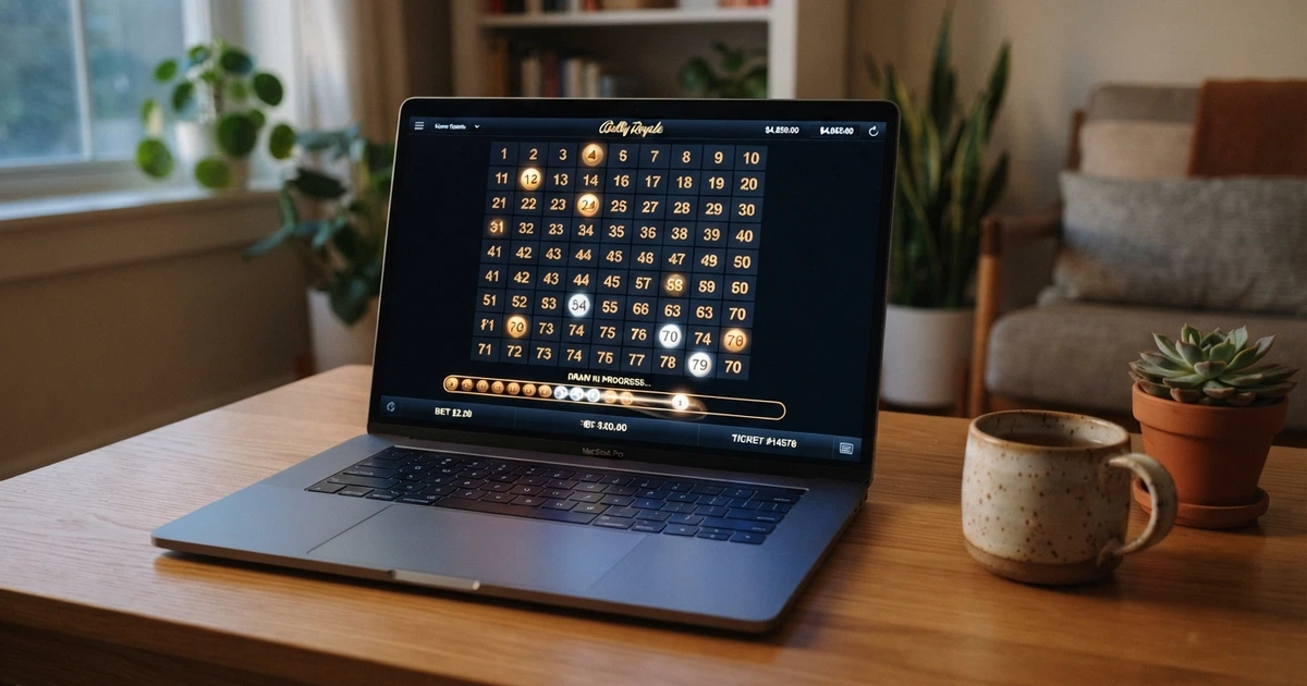 Une grille de keno numérique affichée sur l'écran d'un ordinateur portable, des numéros mis en évidence, avec en arrière-plan l'interface colorée d'un casino en ligne