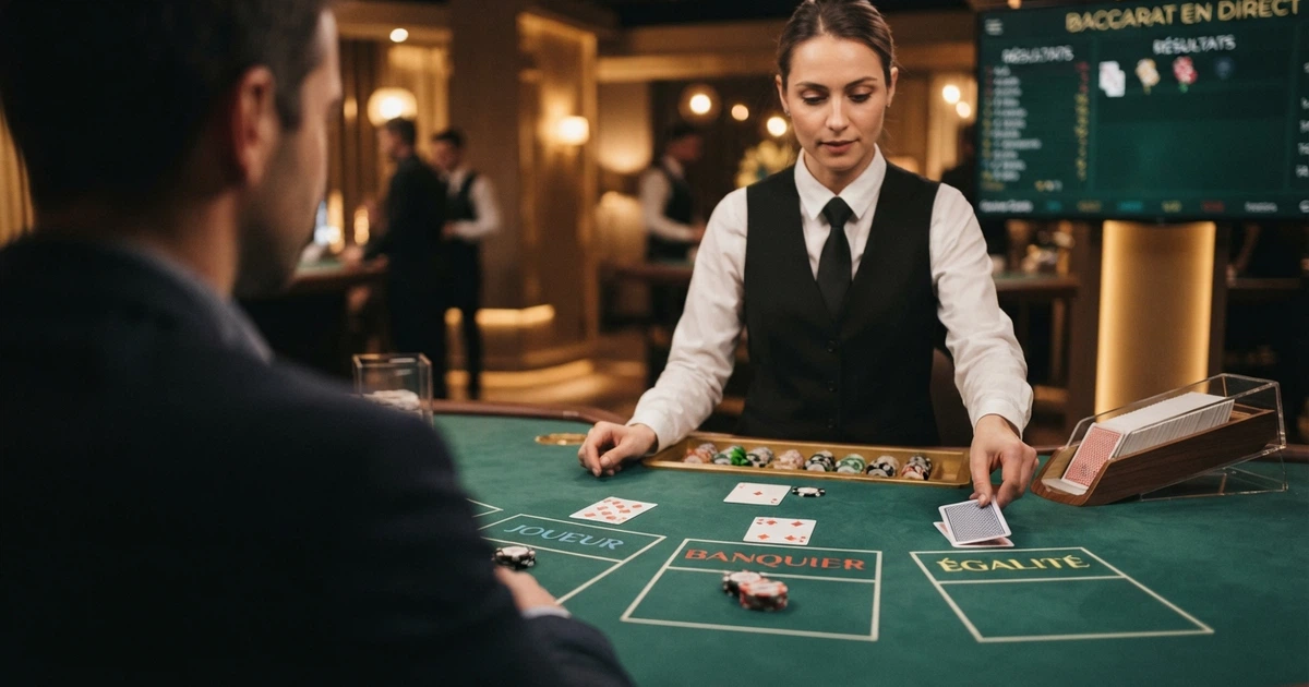 Une table de baccarat en direct filmée en studio, un croupier en tenue professionnelle distribue les cartes, plusieurs zones de mise Joueur et Banquier visibles à l'écran