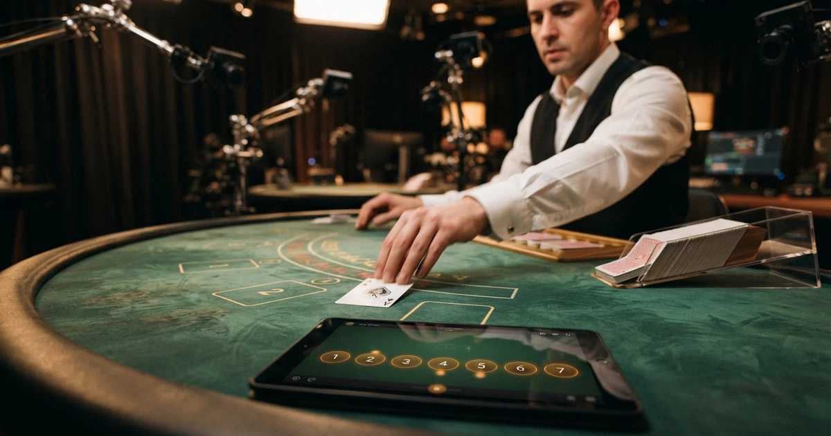Une table de blackjack en direct diffusée en streaming HD, un croupier distribue les cartes face caméra, interface de jeu visible avec les cases de mise