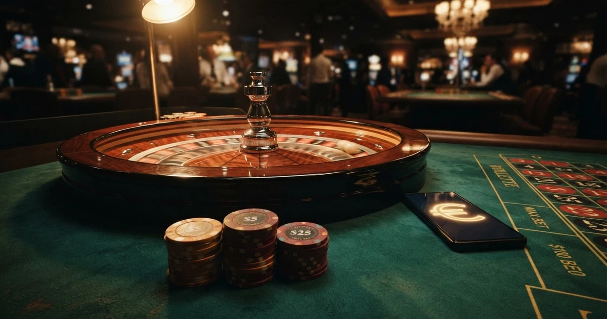 Un écran affichant une roulette de casino et des jetons à côté d'un bandeau « bonus sans dépôt », sur fond sombre