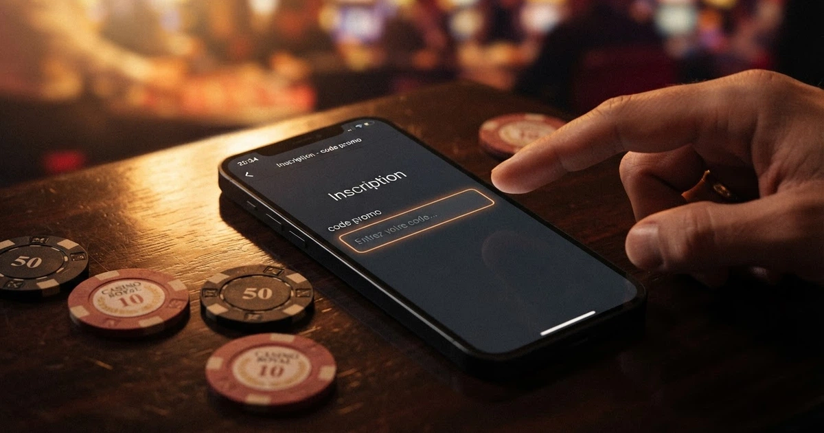 Champ de formulaire d'inscription de casino en ligne affichant la zone de saisie « code promo », vide, sur un arrière-plan sombre aux accents de rouge et de jeu