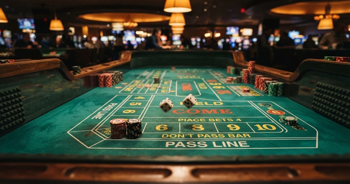 Table de craps vue du dessus avec jetons, dés et tapis vert dans un casino en ligne