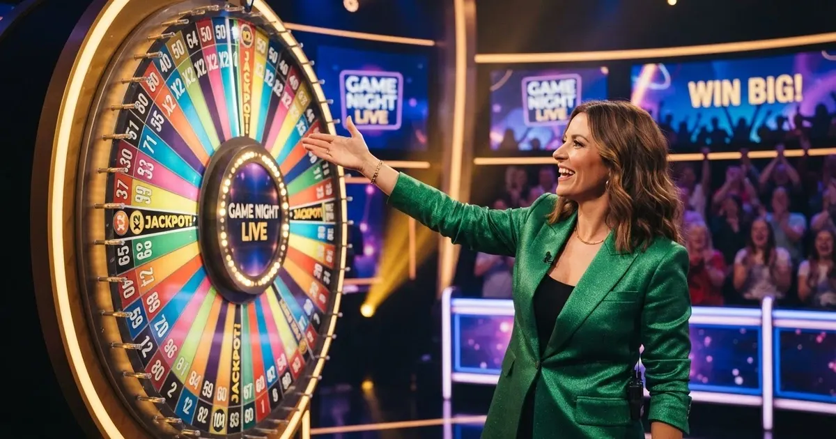 Une présentatrice en direct devant la roue Crazy Time aux 54 segments, en plateau télévisé