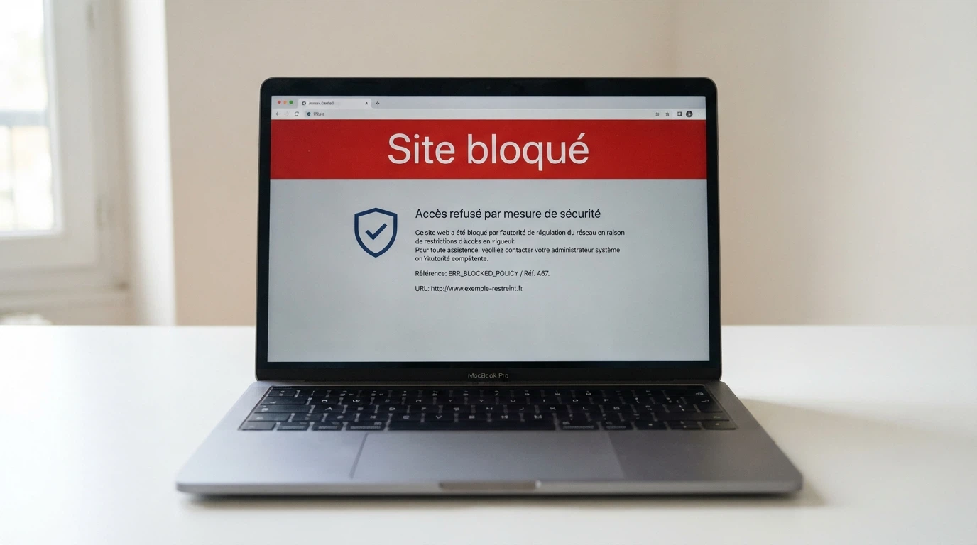 Écran de blocage d'un site de jeux, logo de l'ANJ et mention « site bloqué »