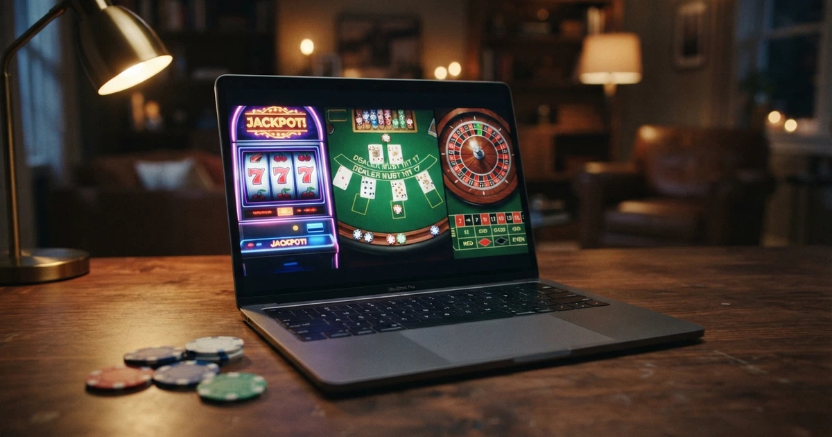 Illustration d'un casino en ligne avec des machines à sous, une table de blackjack et une roulette sur un écran