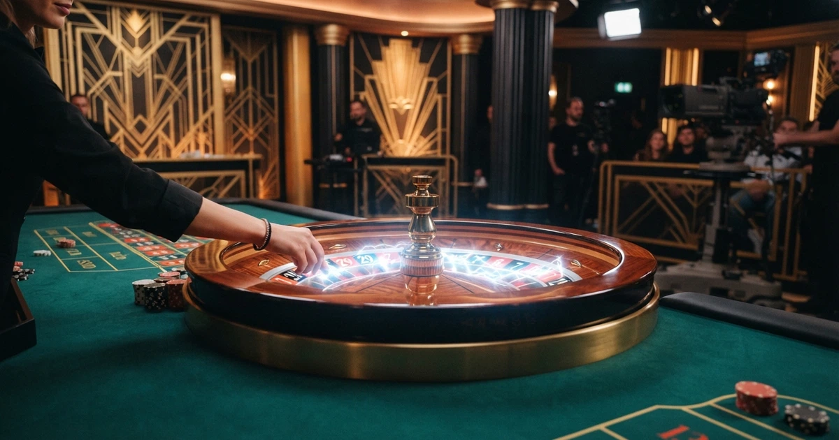 Une table de Lightning Roulette dans le studio Art Deco d'Evolution Gaming, éclairée par des effets lumineux électriques, avec un croupier en direct qui s'apprête à lancer la bille